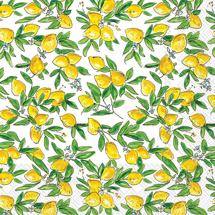 Paper cocktail napkins with a pattern of yellow lemons and green leaves.