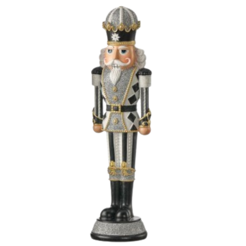 13-inch resin royal nutcracker in silver, black, and gold with a glittery finish and crown.