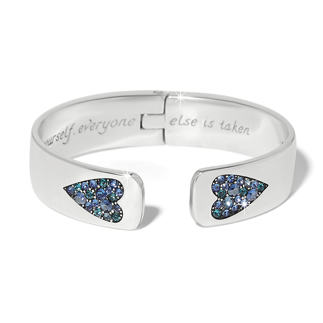 Silver-plated hinged bangle with blue crystals featuring the message 'Be yourself'