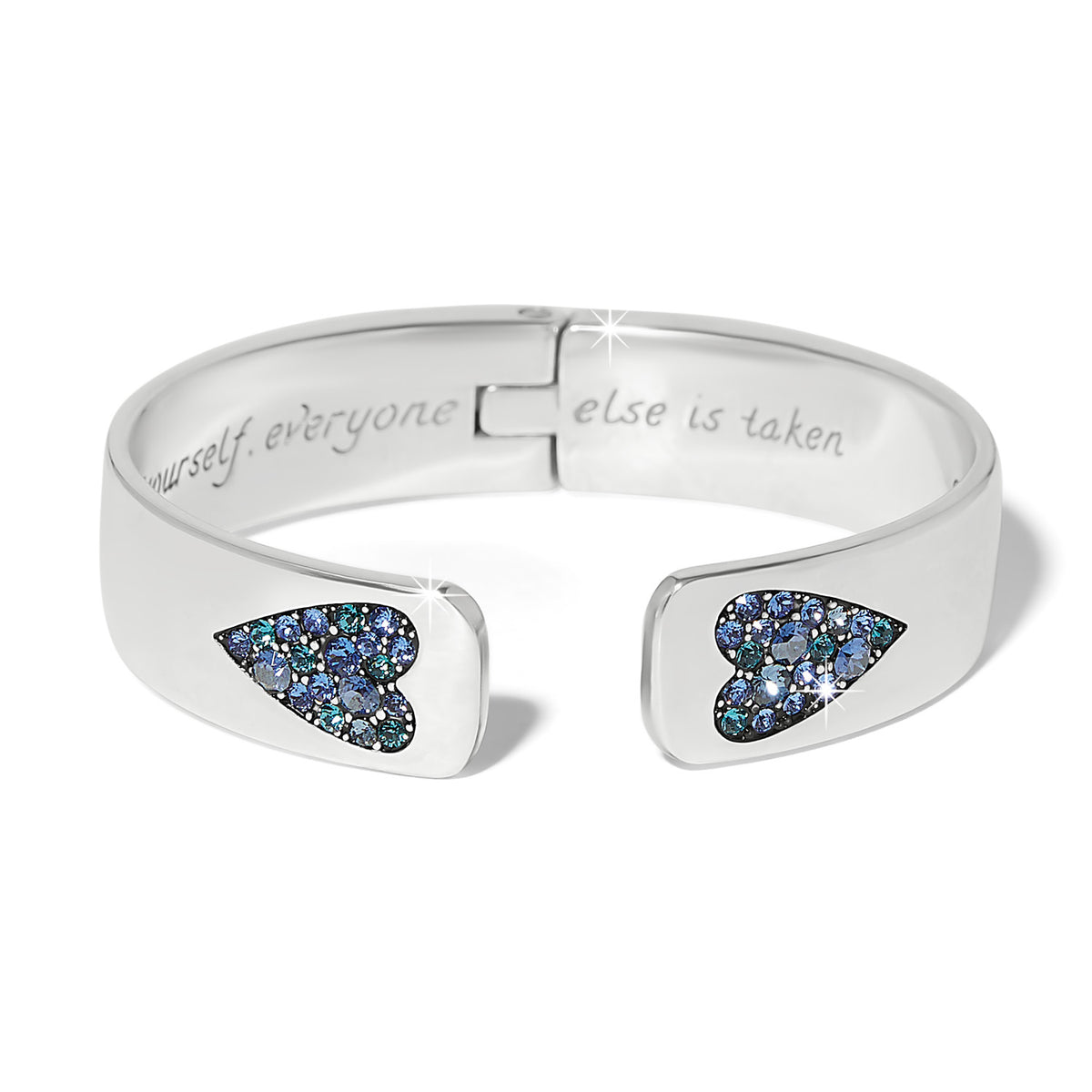 Silver-plated hinged bangle with blue crystals featuring the message 'Be yourself'