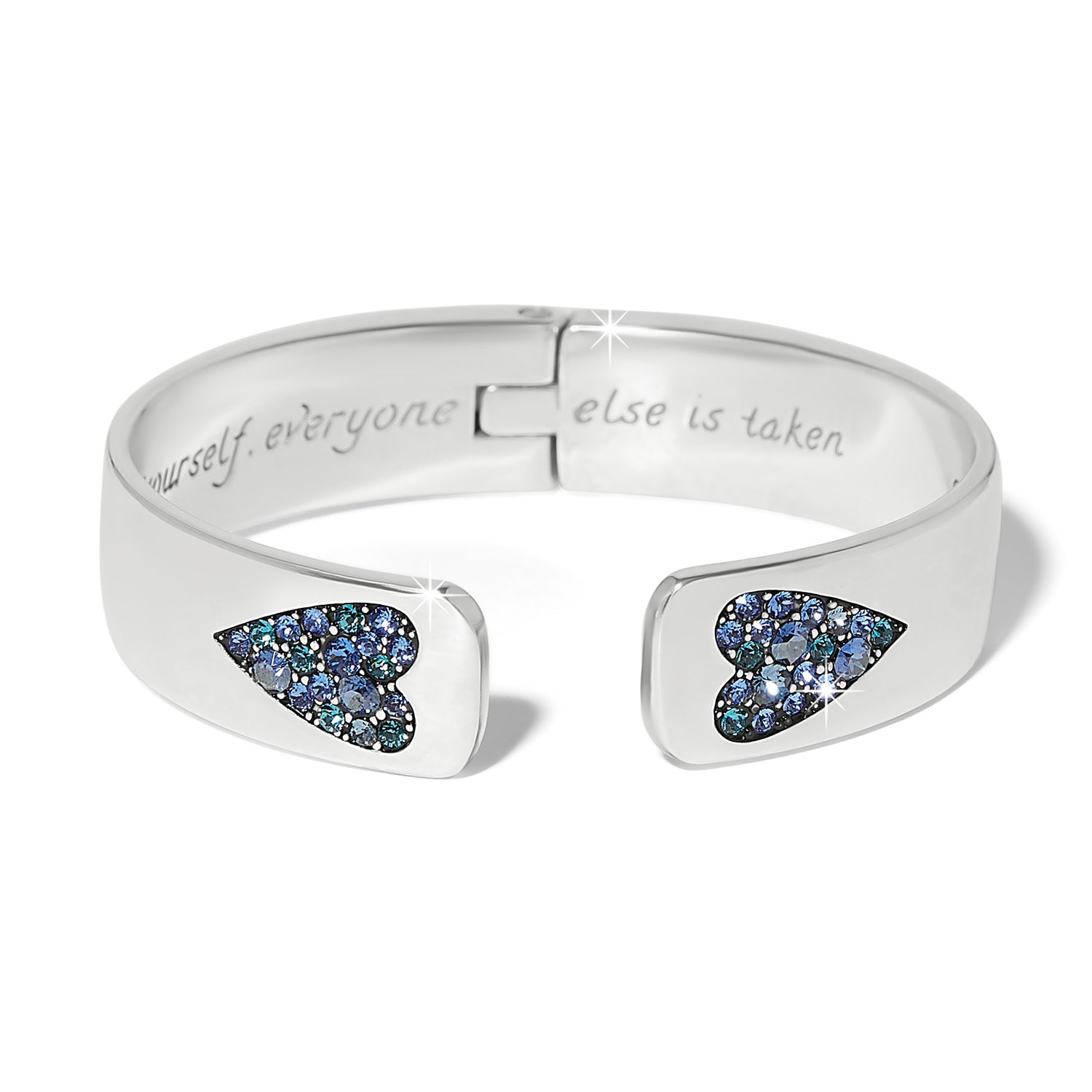 Silver-plated hinged bangle with blue crystals featuring the message 'Be yourself'