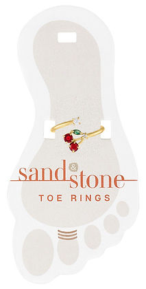 Sand & Stone gold-tone toe ring with cherry charm featuring red and green stones on a foot card.