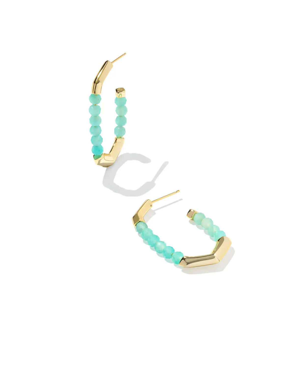 Gold Sylvia hoop earrings featuring teal amazonite stones with a textured finish.
