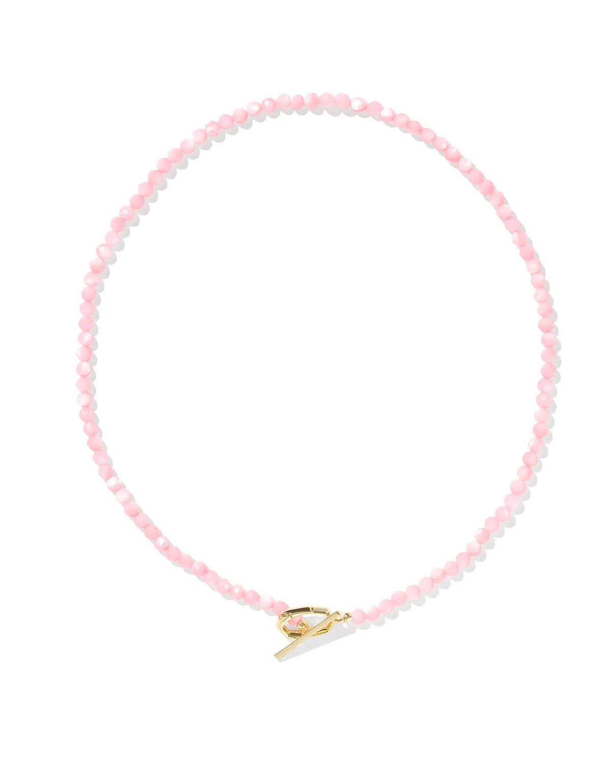 Gold Sylvia strand necklace featuring pink chalcedony stones with a hinge clasp on a 17-inch chain.