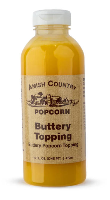 16 oz bottle of Amish Country Popcorn Buttery Topping with a white flip-top cap.