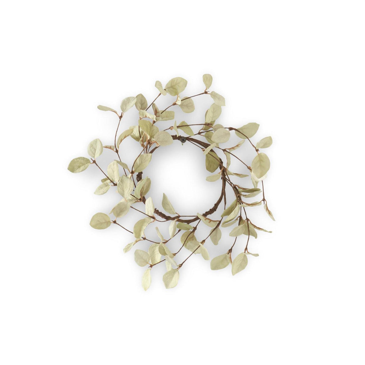 Ten-inch light green eucalyptus candle ring made of polyester wire with a circular silhouette and openwork design.