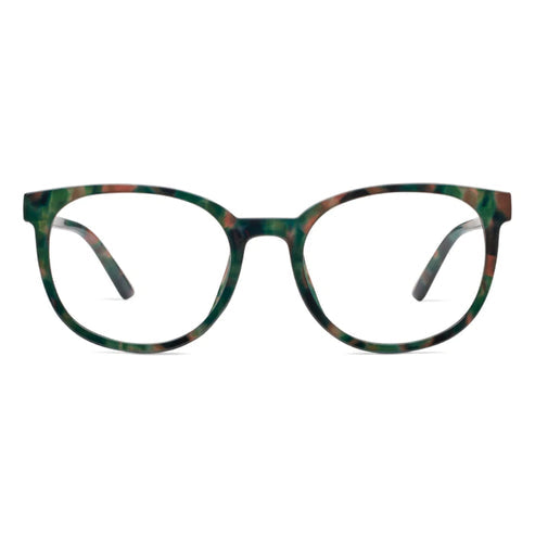 Round blue light focus eyeglasses with wide frames in a recycled polycarbonate material.