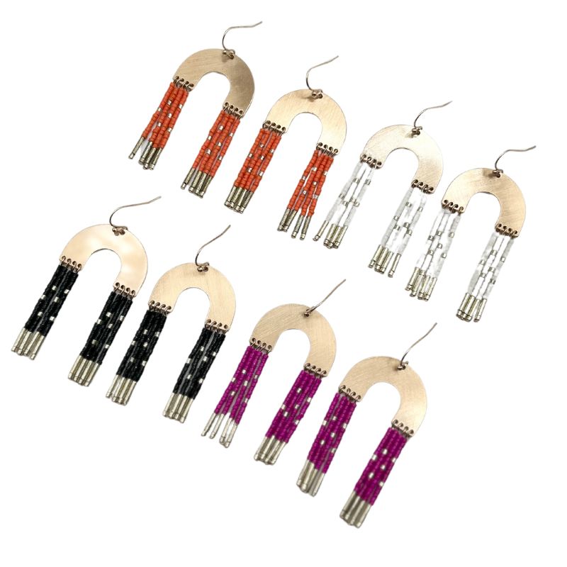 Arch seed bead earrings featuring a curved silver-tone metal frame with multicolored faceted beads and dangling fringe.