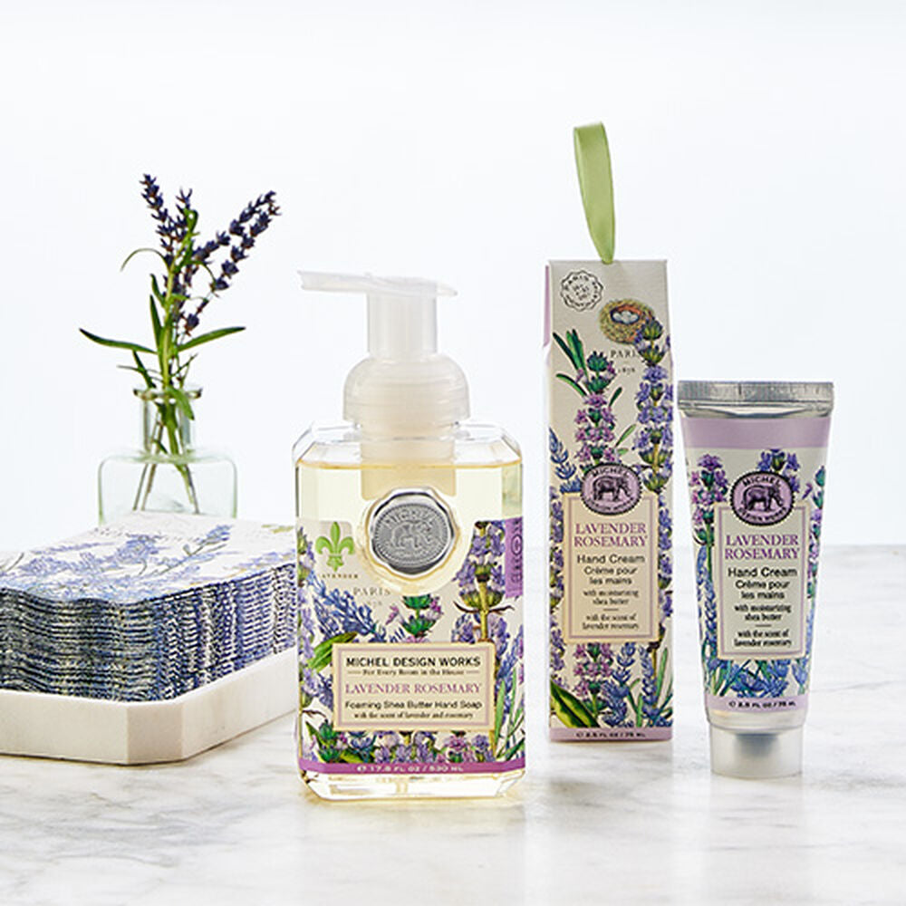 Hostess gift set featuring foaming hand soap, large shea butter hand cream, and triple-ply napkins.