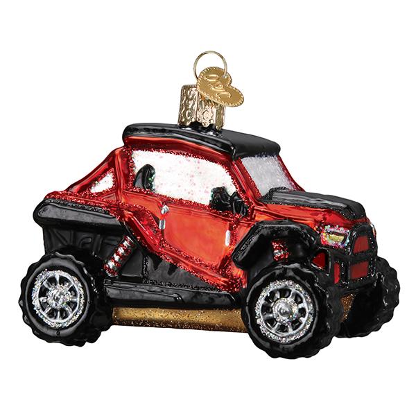 Red and black glass Side By Side ATV Christmas ornament with glitter accents and a gold heart tag.