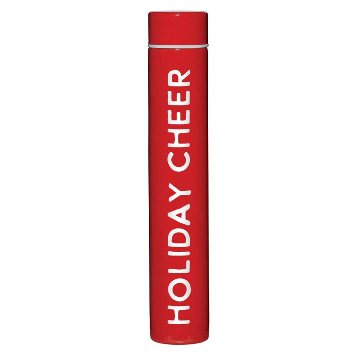 Red skinny stainless steel flask with "HOLIDAY CHEER" printed vertically in white.