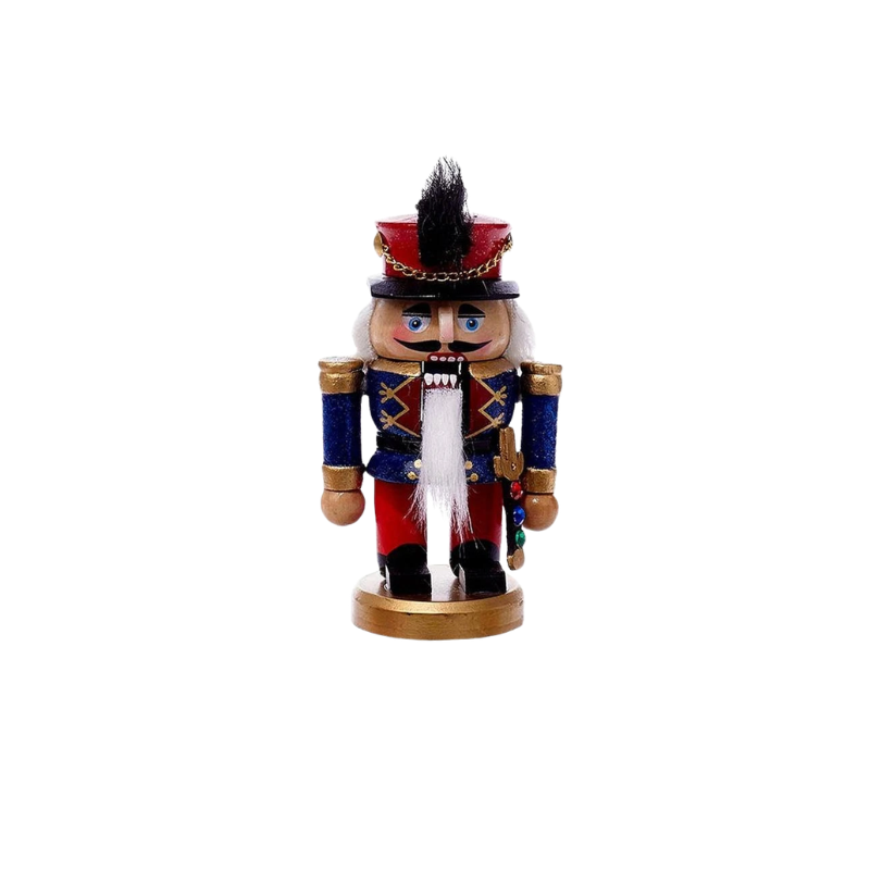 5-inch miniature wooden soldier nutcracker with a red hat, blue jacket, and white beard.