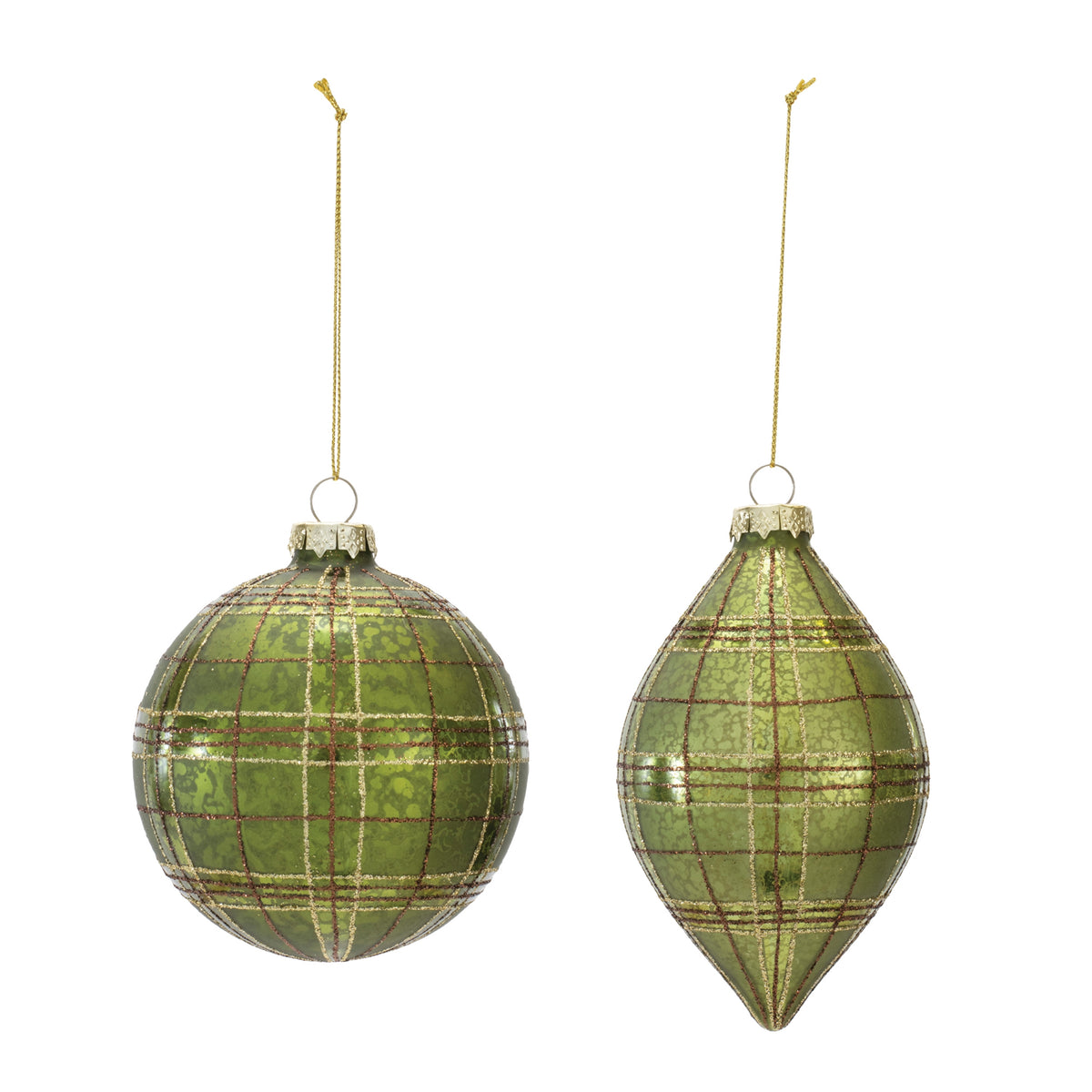 Green glass Christmas ornaments with gold and red plaid patterns in round and teardrop shapes.