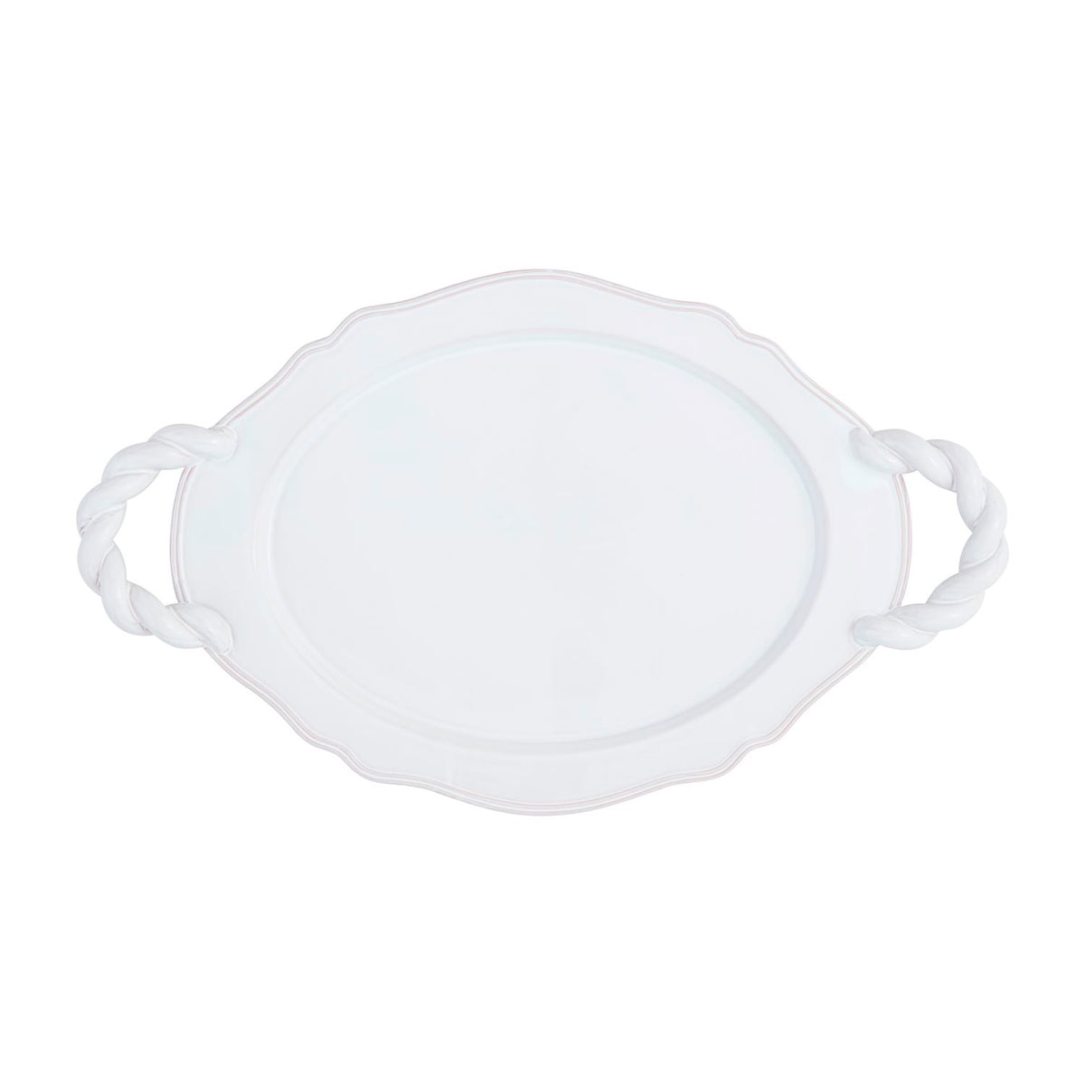 White terracotta oval platter with scalloped edges and twisted rope-style handles.