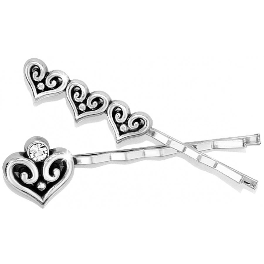 Silver plated bobby pin set featuring fine quality crystal heart accents.