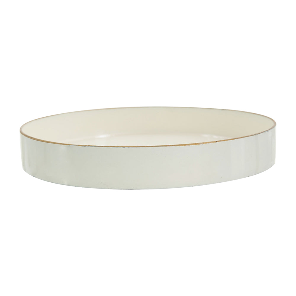 White round plastic serving tray with a smooth rim