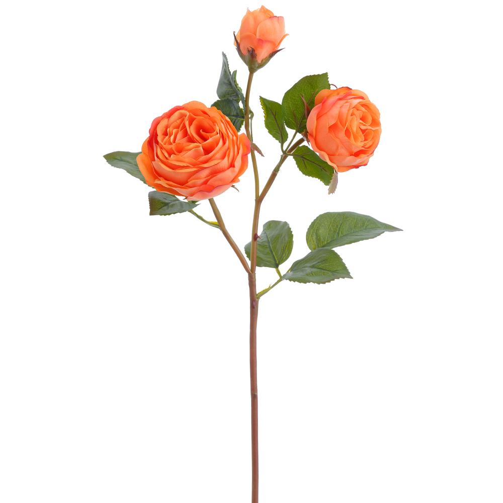 Life-size artificial rose spray with fabric petals on plastic stems in a natural red hue.