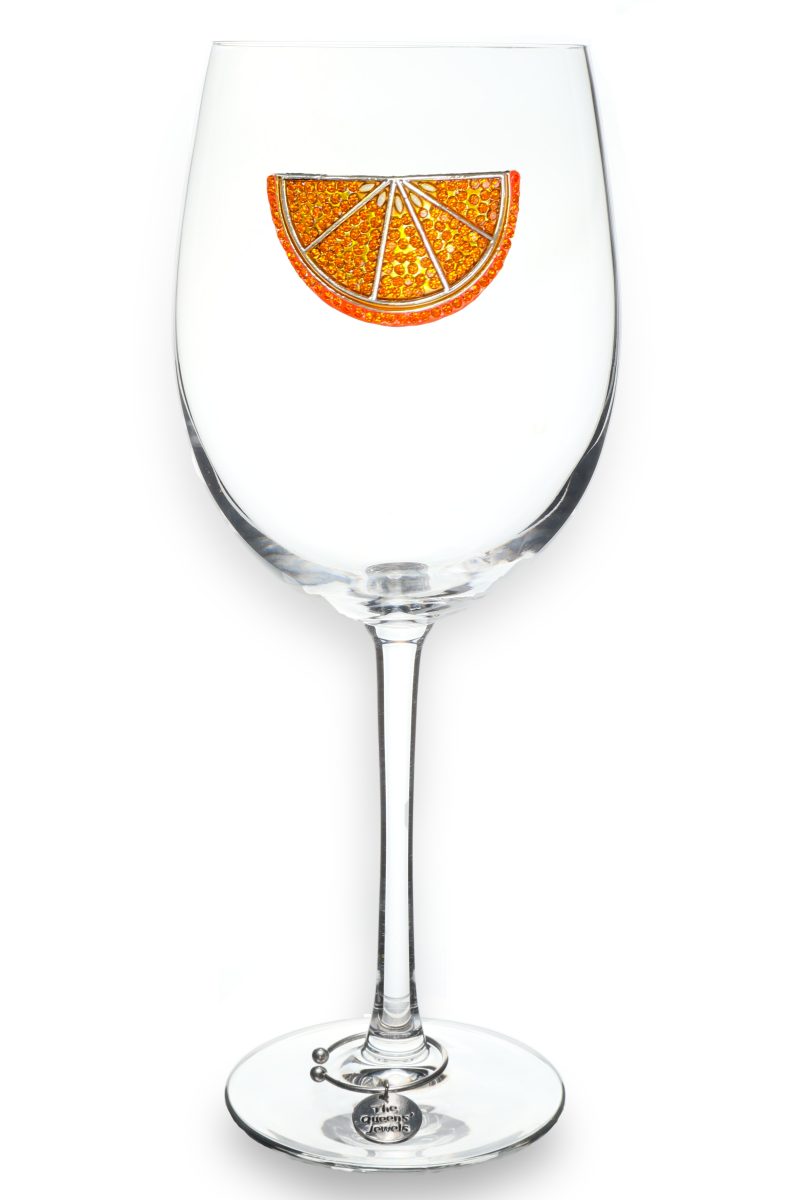 Orange slice-shaped jeweled stemmed glass with a clear crystal body