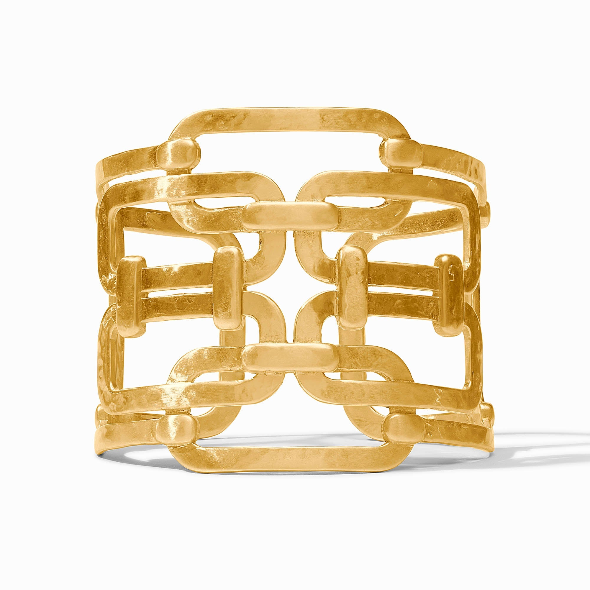 Sahara Statement Cuff, a wide gold-tone bracelet with an intricate openwork chain link design.