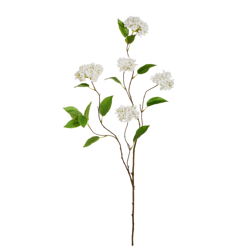 45-inch white polyester hydrangea branch with full blooms