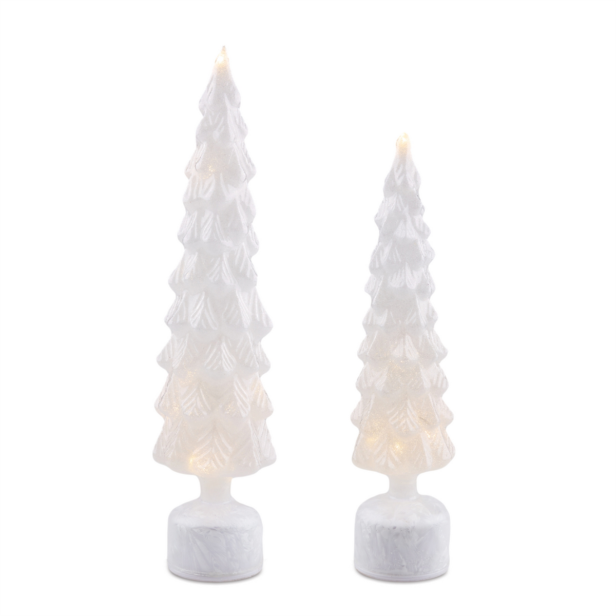 Two white rotating LED glass Christmas trees with molded branch details and warm internal lights.
