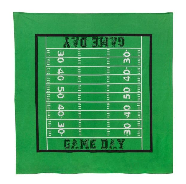 Square green tablecloth featuring a white and black football field design with "GAME DAY" text.