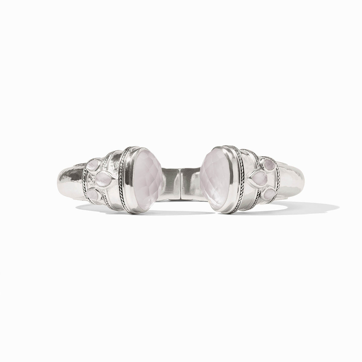 Cannes Cuff in silver with rose-cut endcaps and pear-shaped pink gemstones.
