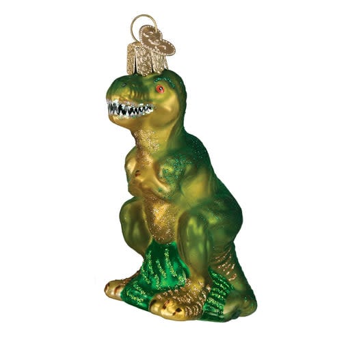 T-rex ornament featuring a green Tyrannosaurus rex dinosaur silhouette with textured skin and open mouth.
