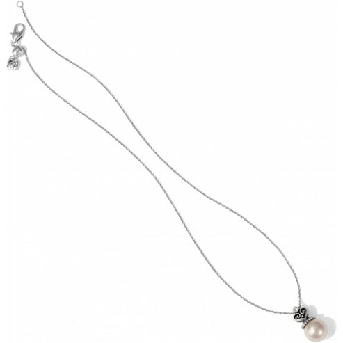 Silver plated crystal pearl pendant on a 19-inch lobster claw chain necklace.