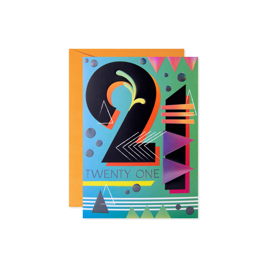 Colorful graphic birthday card for 21st birthday with large black '21' and abstract geometric shapes.