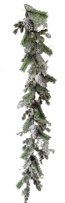 6-foot frosted pine garland featuring green needles and snow-dusted pinecones.