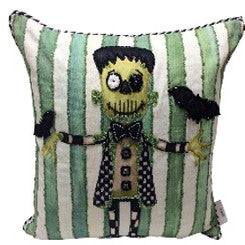 Frankenstein throw pillow with green and white stripes, featuring a whimsical monster and bats.
