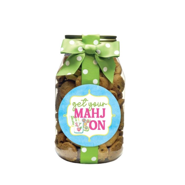 Quart-sized cookie jar with a green polka dot ribbon and a label reading "get your MAHJ ON".