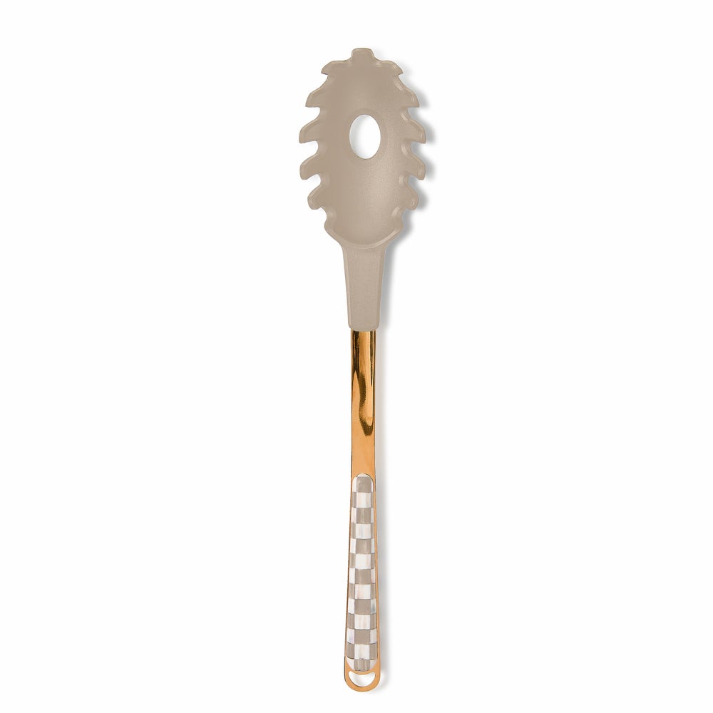 Mocha Check Pasta Spoon with a taupe silicone head and a gold-tone checkered handle.
