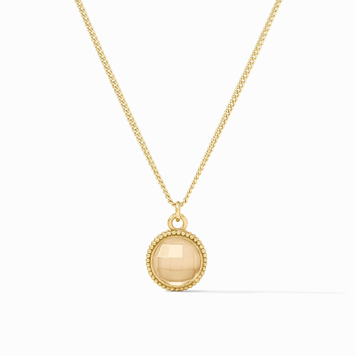 Fleur-De-Lis Solitaire Necklace in 24K gold plate with a round faceted glass pendant.