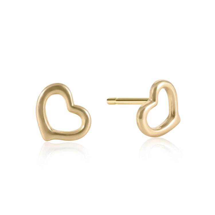 Pair of 14kt gold-filled open heart-shaped stud earrings on a white background.