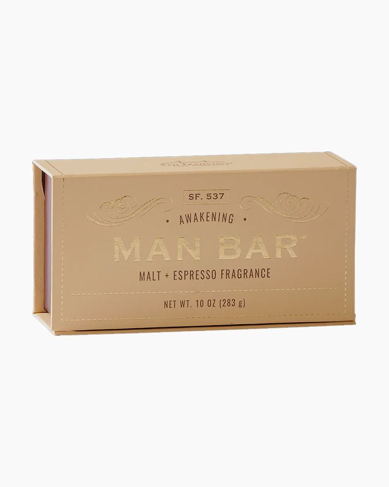 Malt & Espresso 10 oz Man Bar soap in a tan rectangular box with gold lettering.