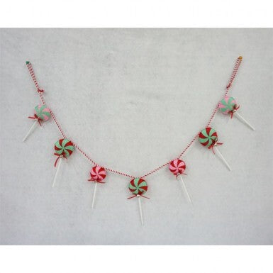 50-inch felt lollipop garland featuring red, green, and pink peppermint-style candy decorations.