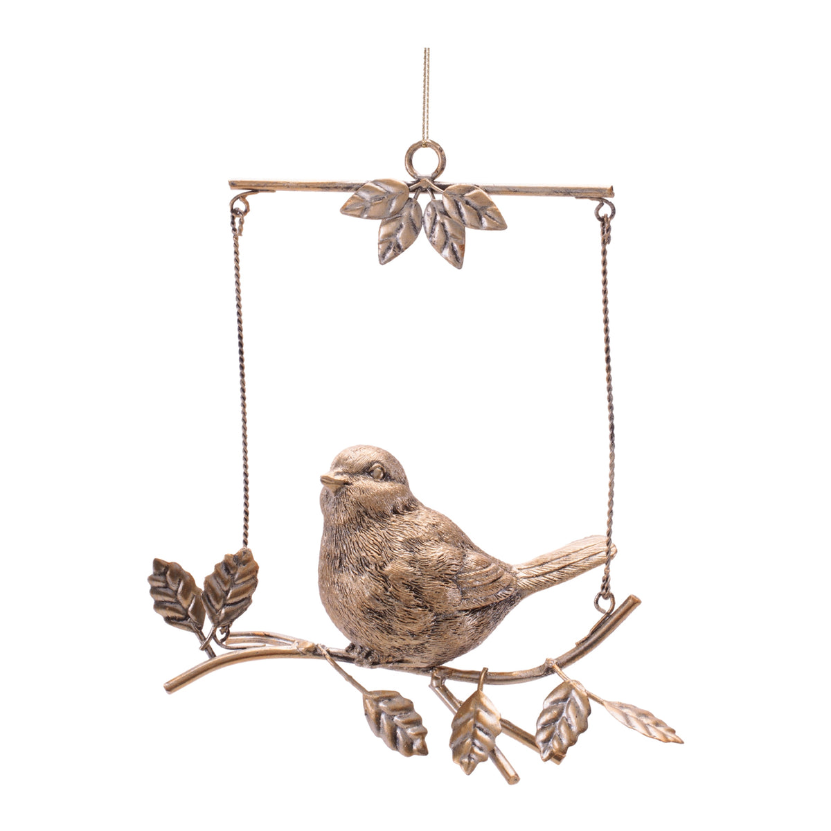6-inch resin bird ornament with metal branch perch in natural tones