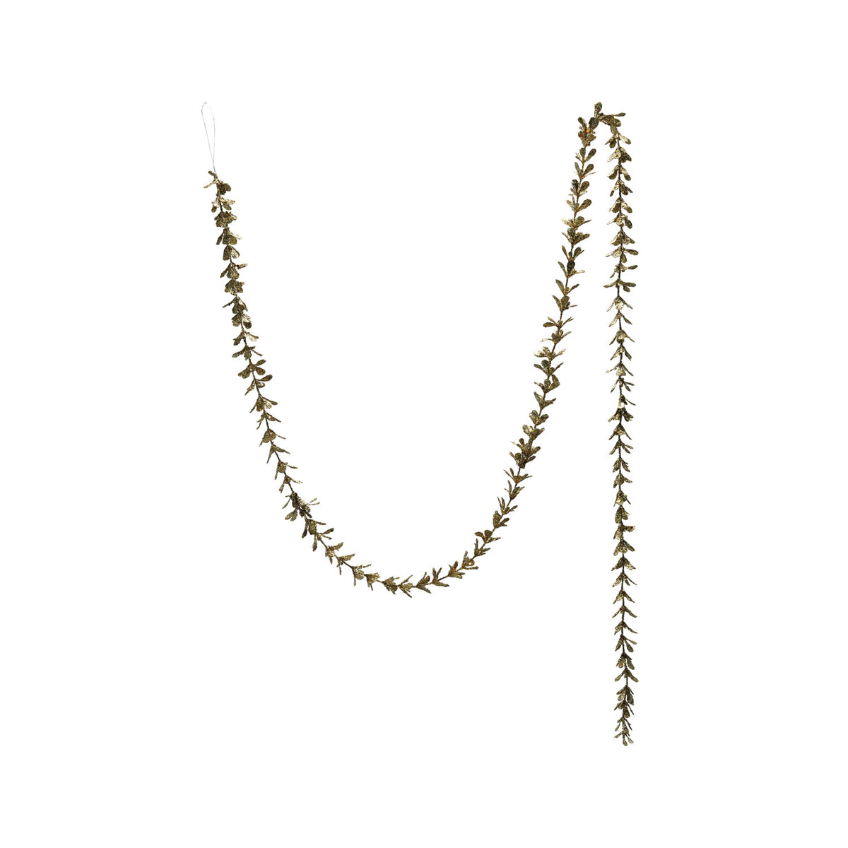 Faux boxwood garland with a gold glitter finish, draped against a white background.