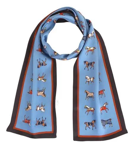 Light blue reversible silk scarf with a horse print and dark brown borders.