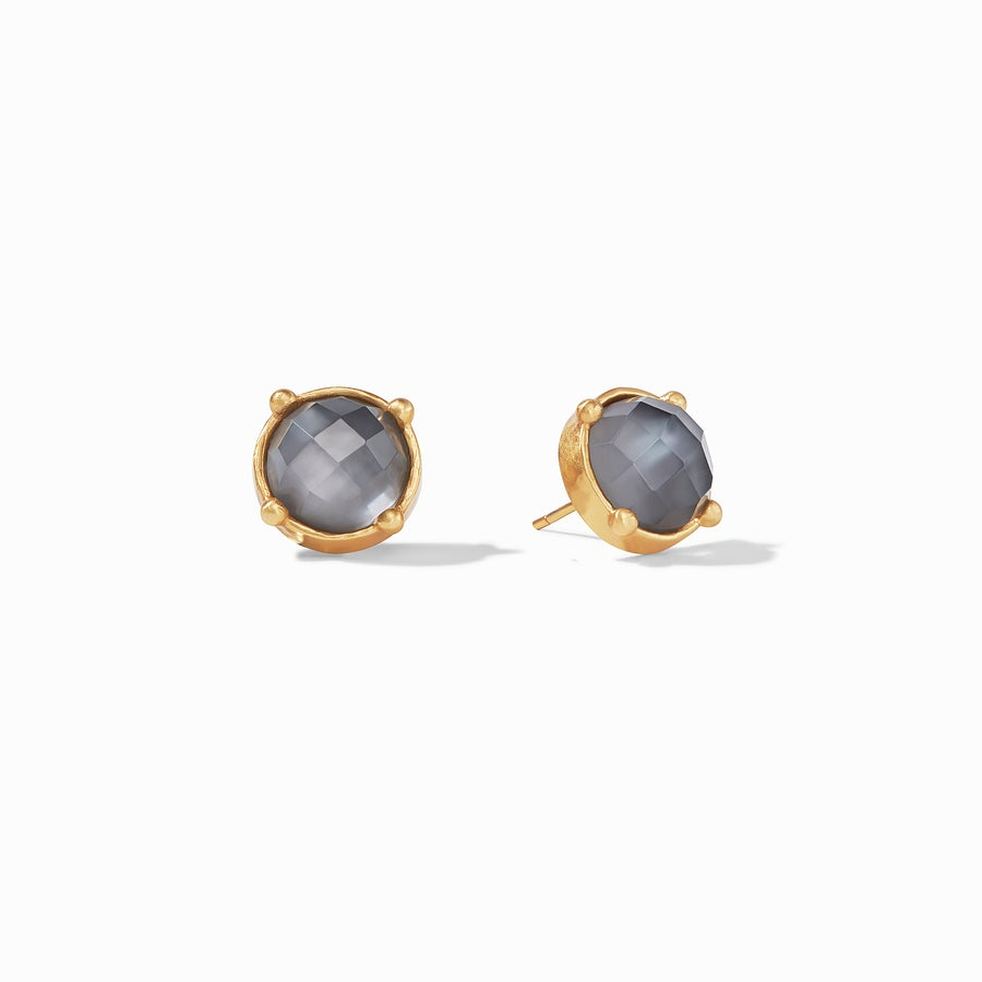 Gold honey stud earring with rose-cut glass gemstone and hammered bezel setting.