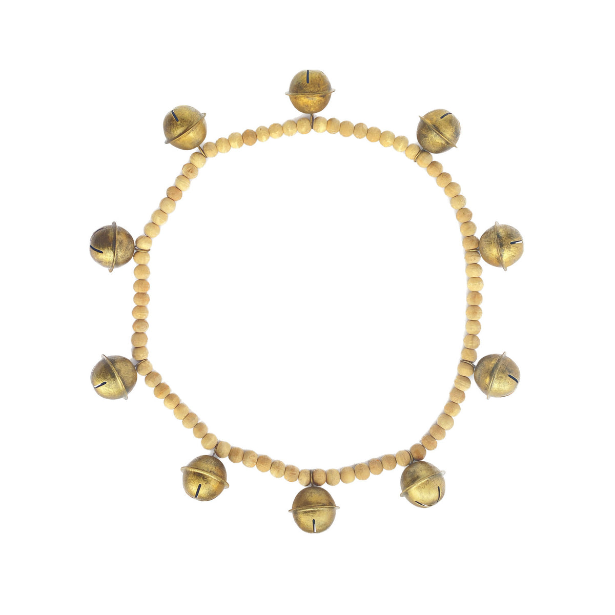 Circular wood bead garland with ten antique gold metal bells spaced evenly around the ring.