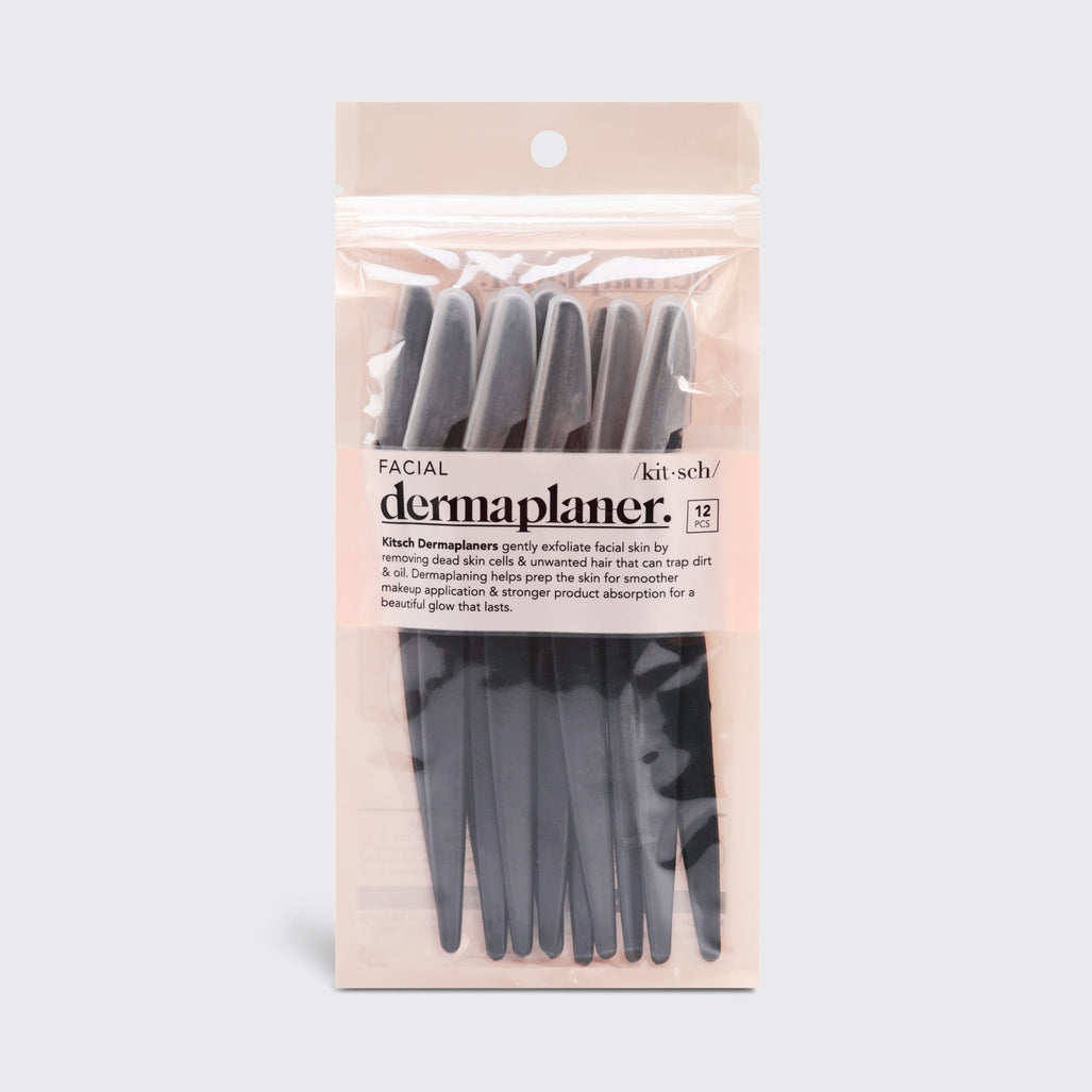 Black dermaplaner tool with a curved handle and single stainless steel blade.
