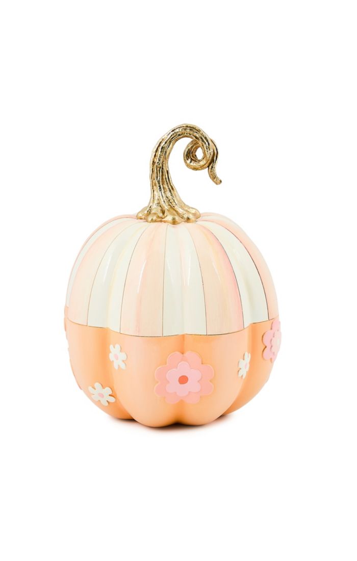 Rosy Stripe Flower Power Pumpkin with pink and white stripes, floral accents, and a gold stem.