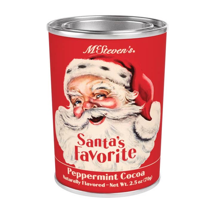 Vintage Santa's Favorite Peppermint Cocoa in a red tin featuring a classic Santa Claus illustration.