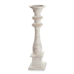 Beaded wood candlestick with a natural finish featuring intricate beadwork pattern on its cylindrical silhouette.