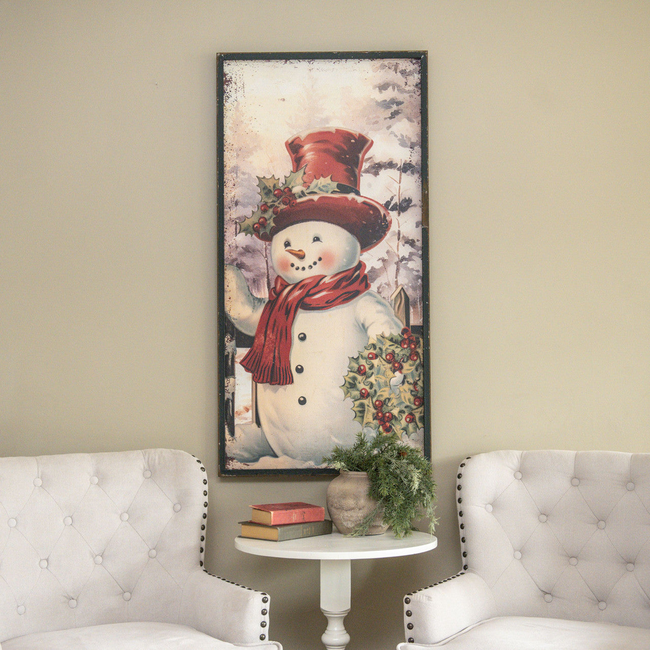 48-inch metal snowman print with holly wreath pattern on wood background