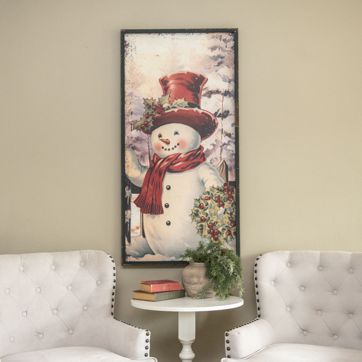 48-inch metal snowman print with holly wreath pattern on wood background