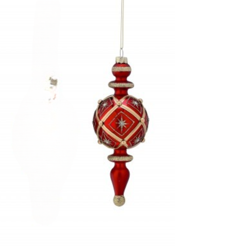 7.5-inch red glass finial ornament with gold glitter accents and jewel star patterns.